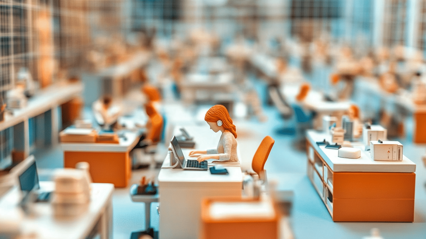 A detailed miniature scene of a helpdesk operator with bookshelves and tables, featuring a small figurine of a woman with red hair working at a desk on a laptop, wearing headphones.